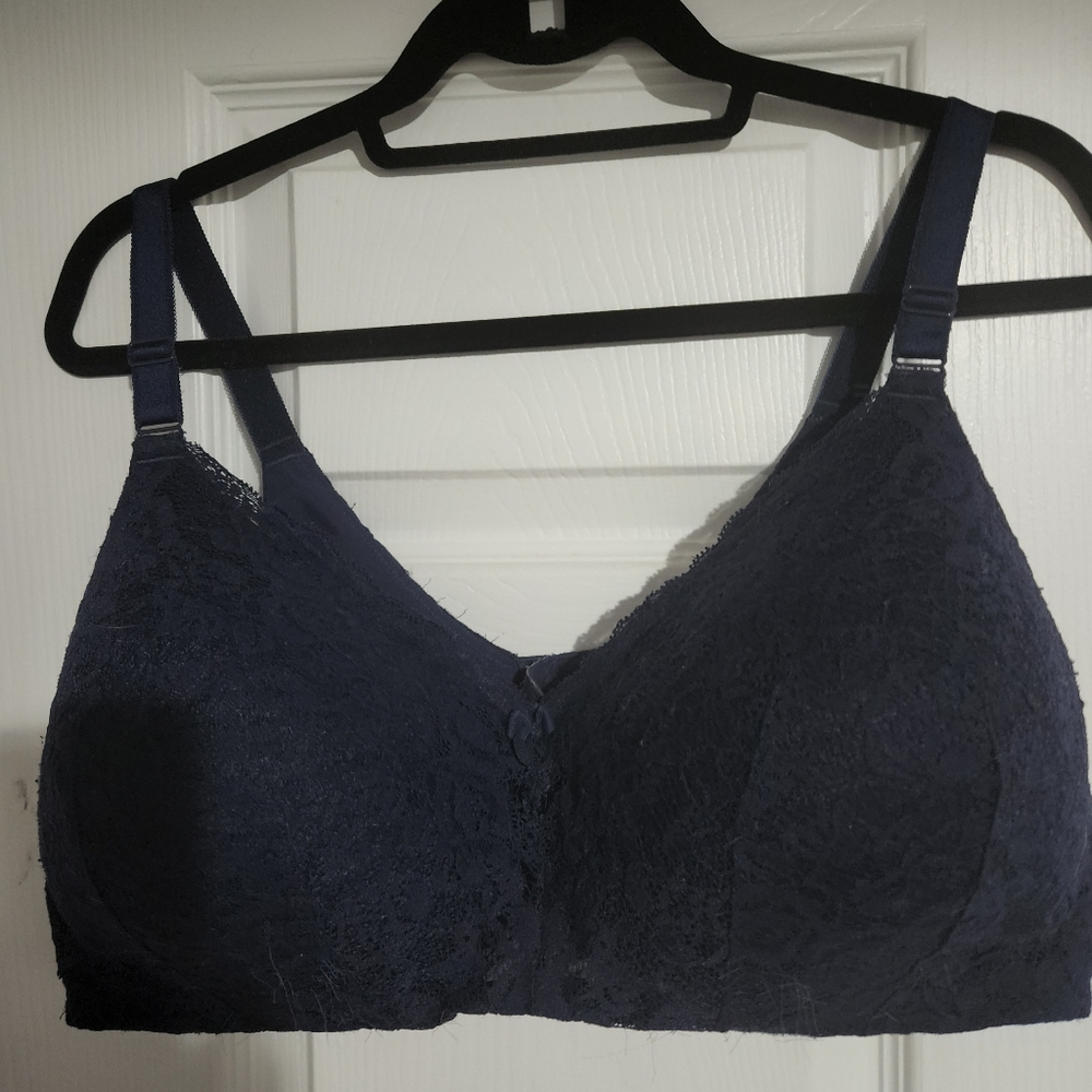 Dark blue lace wire free bra.  44D